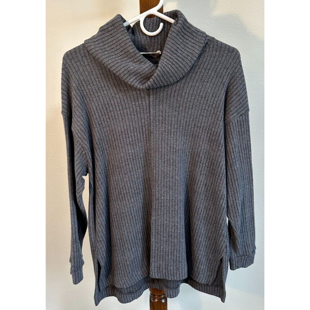 Lush Gray Ribbed Cowl Neck Sweater Women’s Small Long Sleeve Cozy Knit Pullover